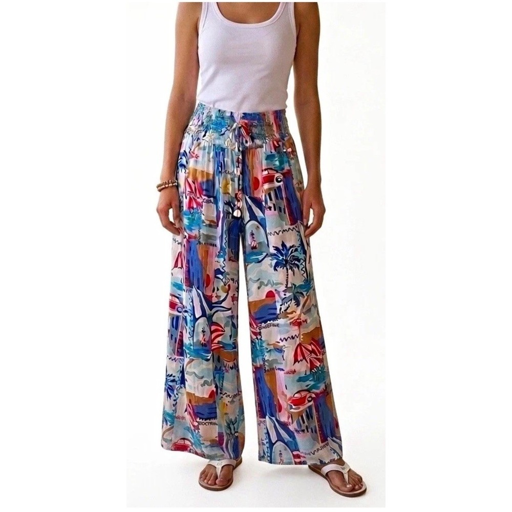 True Destinations Coastal Wide Leg Palazzo Pants Small Tropical Print Smocked